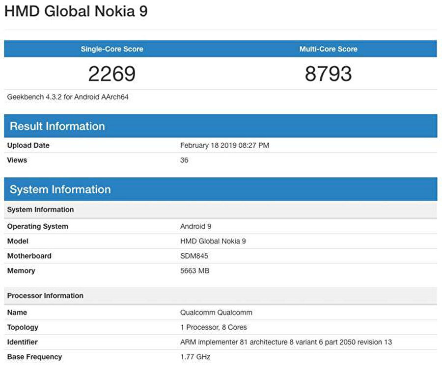 Nokia 9'un GeekBench'te tek ve çift çekirdekte aldığı puanlar görülebiliyor. 