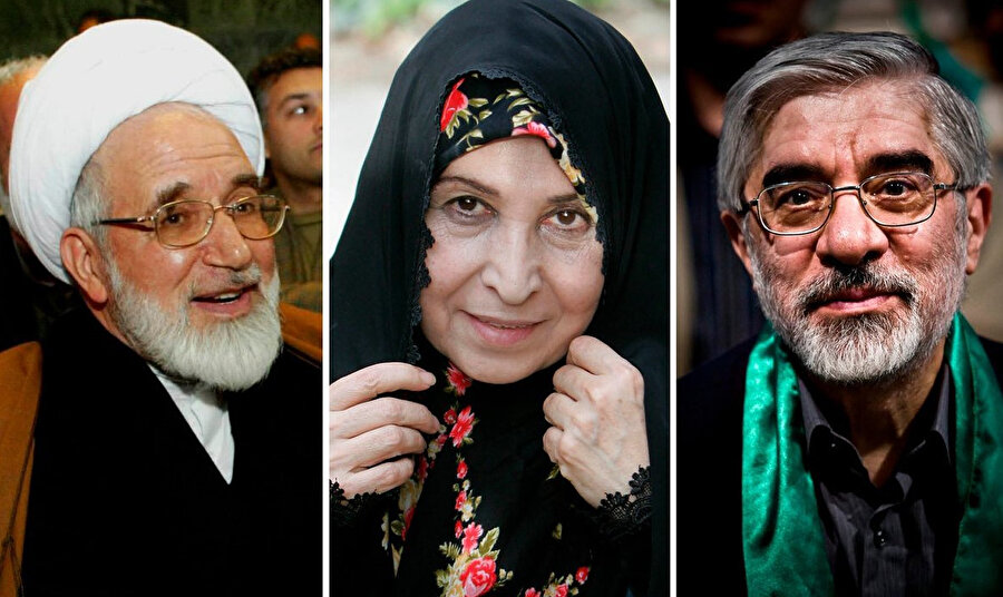 Yeşil Hareket'in lider kadrosu: Mehdi Kerrûbî, Zehra Rahneverd, Mir Hüseyin Musâvî.