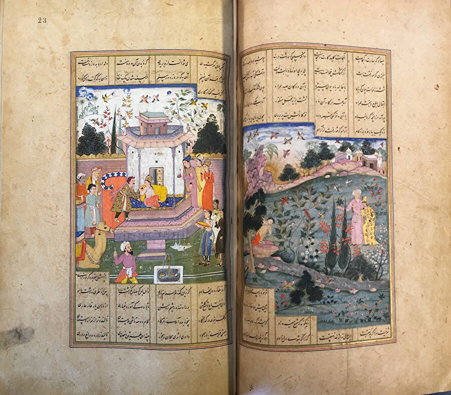 Solda: Leyla'nın babası onu İbni Salam ile evlendirir. Sağda: Bir keşiş Leyla'yı Mecnun'la buluşacakları yere götürüyor. 