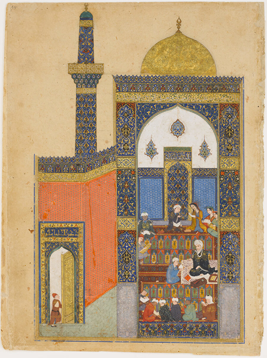 On beşinci yüzyılın ilk yarısında kaligrafi sanatçısı Ja'far Baisunghuri tarafından resmedildi: Leyle ile Mecnun mektepte.