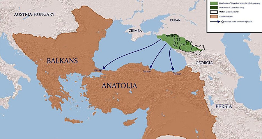 1864'deki Büyük Çerkes Sürgünü'nden sonra Çerkeslerin Osmanlı İmparatorluğu'na göç akışlarının yönü.