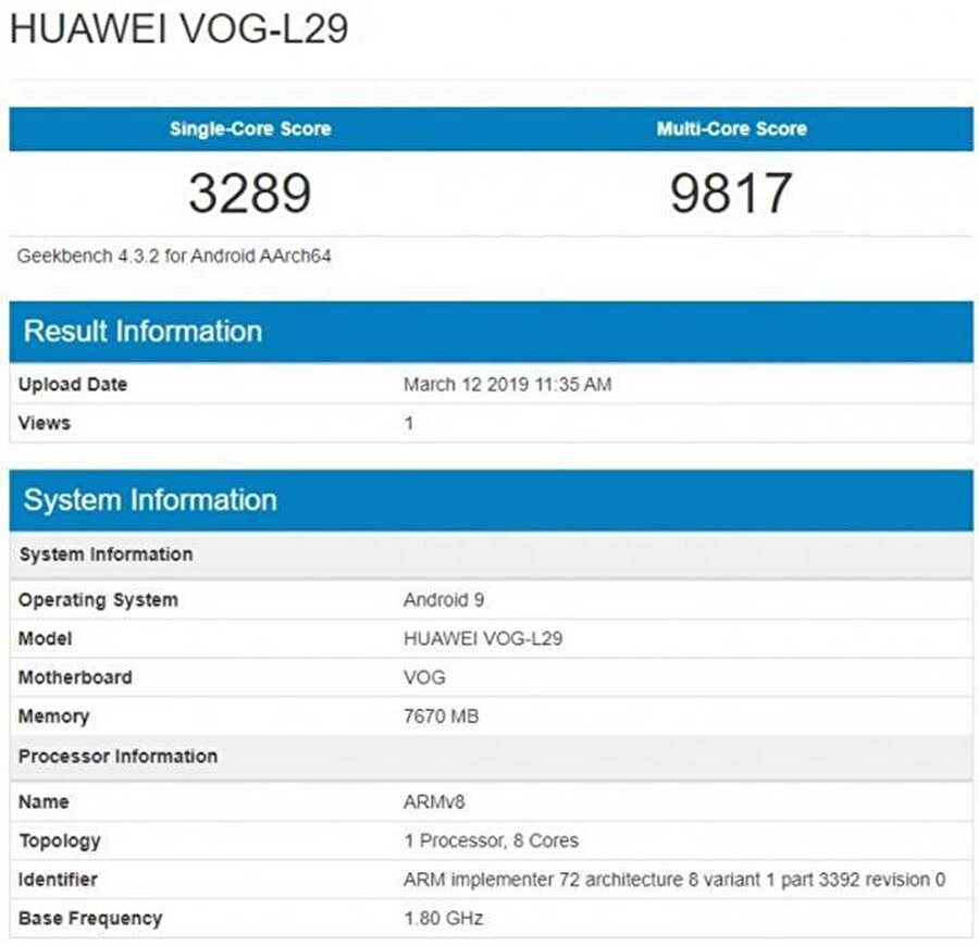 Huawei P30 Pro'nun GeekBench'te tek ve çift çekirdekte aldığı puanlar bu şekilde. 
