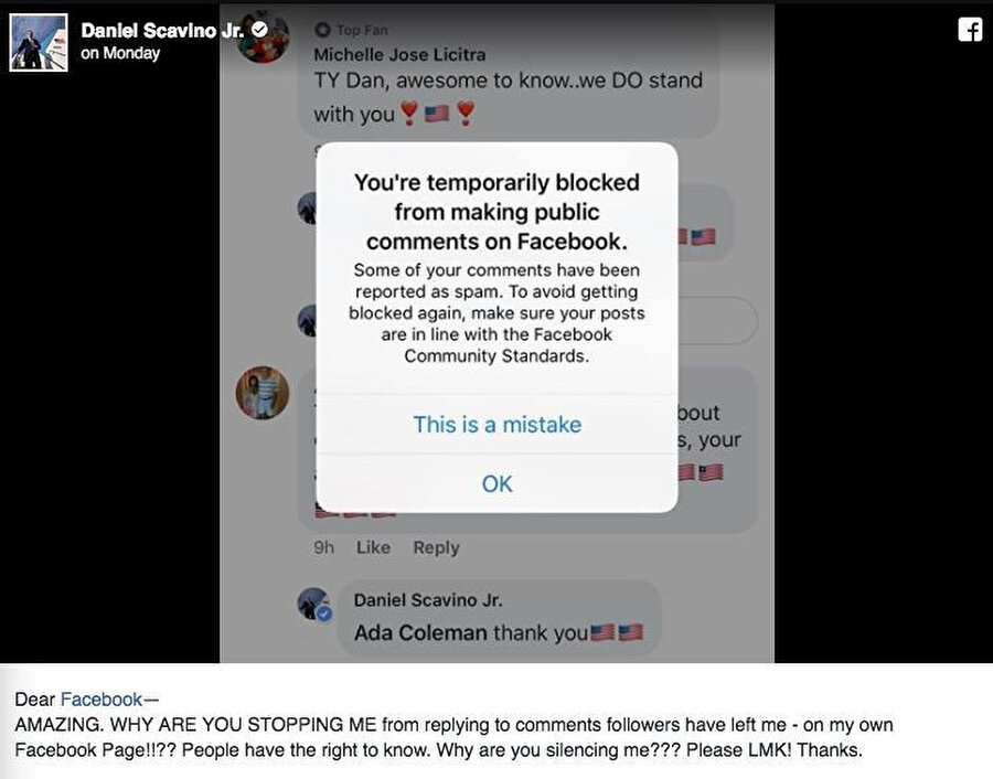 Scavino'nun paylaştığı ekran görüntüsünde bazı paylaşımlarının 'spam' olarak şikayet edildiği yönünde bir bildiri görülüyor.