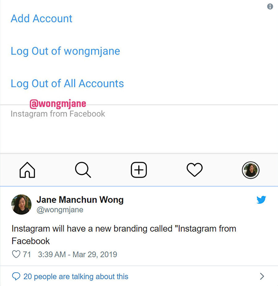 Jane Manchun Wong, Instagram'ın isminin değişeceği iddiasını Twitter hesabından paylaştı. 