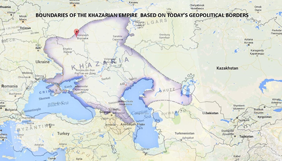 Bugünkü mevcut ülke sınırları içinde kalan Hazar İmparatorluğu sınırları.
