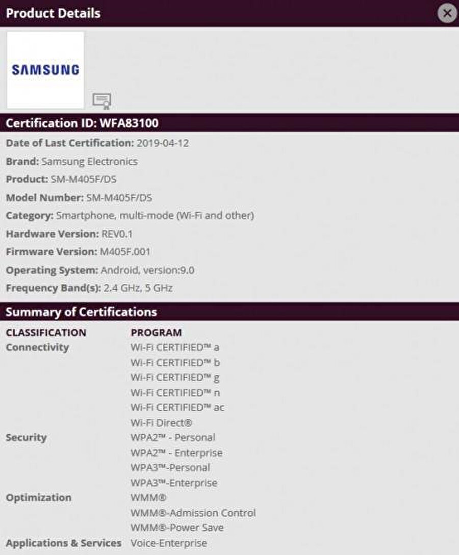 Samsung Galaxy M40'ın Wi-Fi sertifikasında telefonun Android 9.0 ile geleceği de görülebiliyor. 