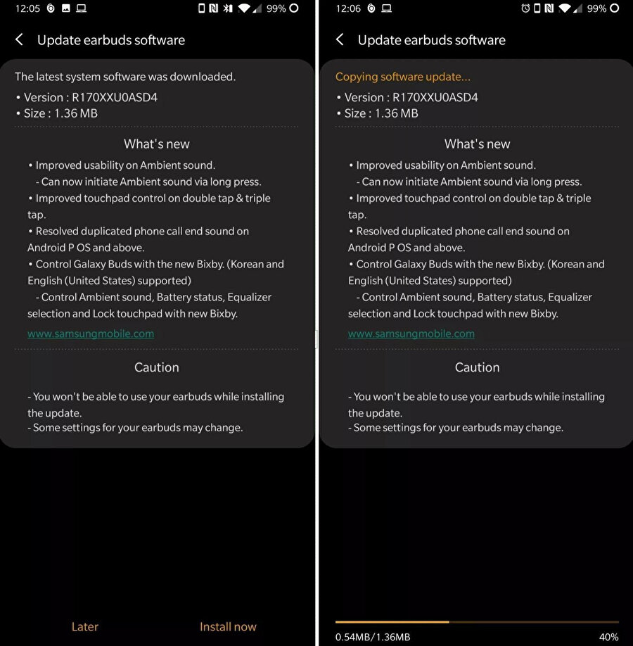 Samsung Galaxy Buds güncellemesinin sürüm notları bu şekilde. Ayrıca ikinci adımdan da görülebildiği gibi güncelleme boyutu yalnızca 1.36 MB.