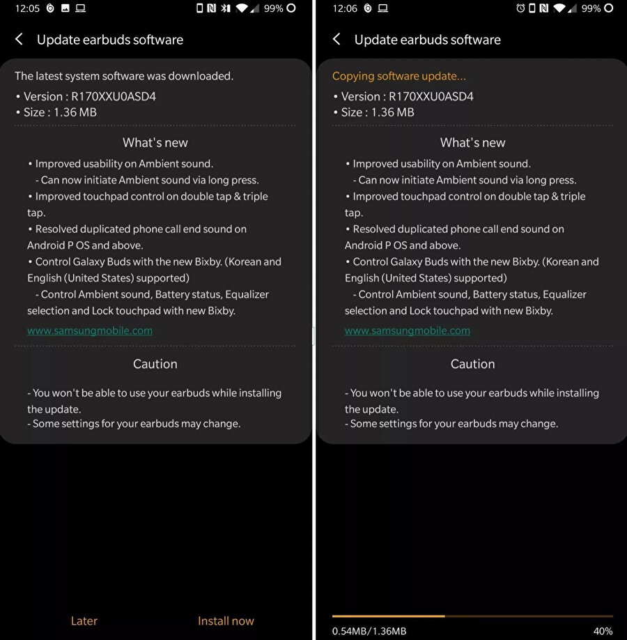 Samsung Galaxy Buds güncellemesinin sürüm notları bu şekilde. Ayrıca ikinci adımdan da görülebildiği gibi güncelleme boyutu yalnızca 1.36 MB. 
