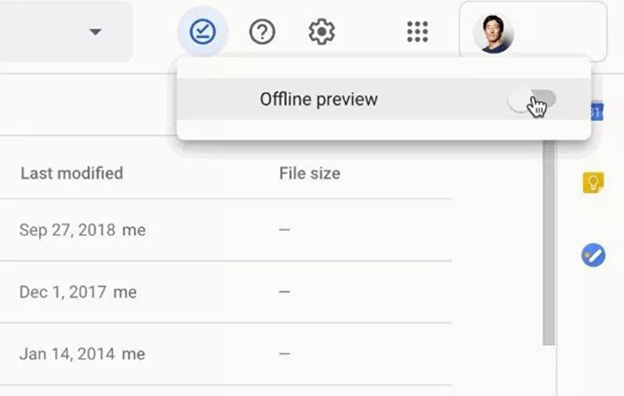 Google Drive'de çevrimdışı önizleme modunu aktif etmek için profil simgesine tıklayarak 'Offline preview' seçeneğini işaretlemek yeterli. 