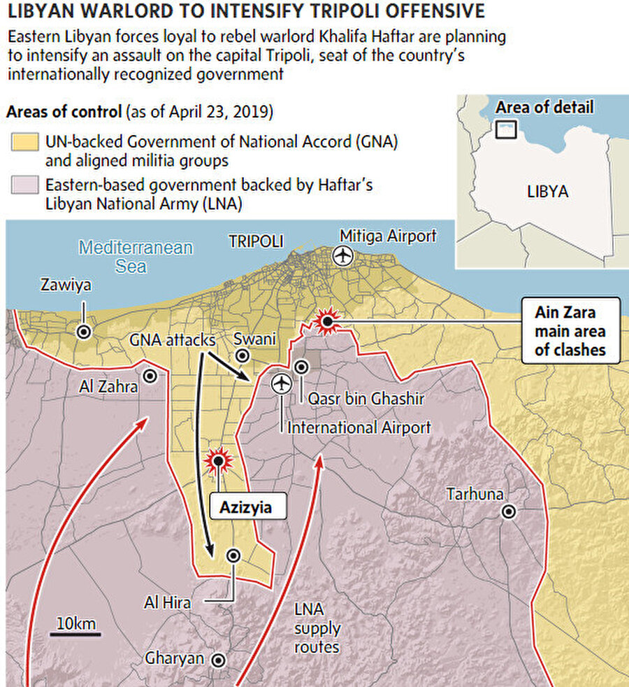 Halife Hafter güçleri ile UMH'nin yoğun olarak çatıştığı bölgeler.