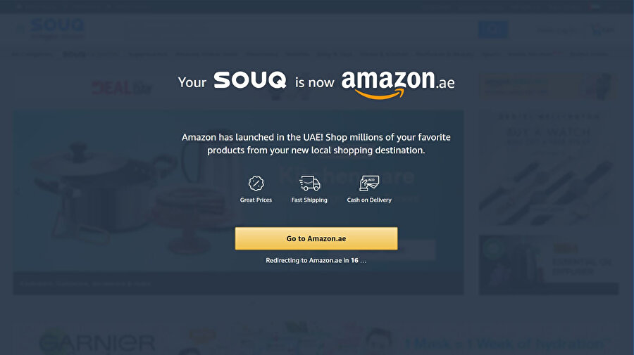 Souq.com'a girmek isteyen kullanıcılar için görünür olan yönlendirme ekranı. Amazon, .ae uzantısıyla Ortadoğu pazarının hizmetinde. 