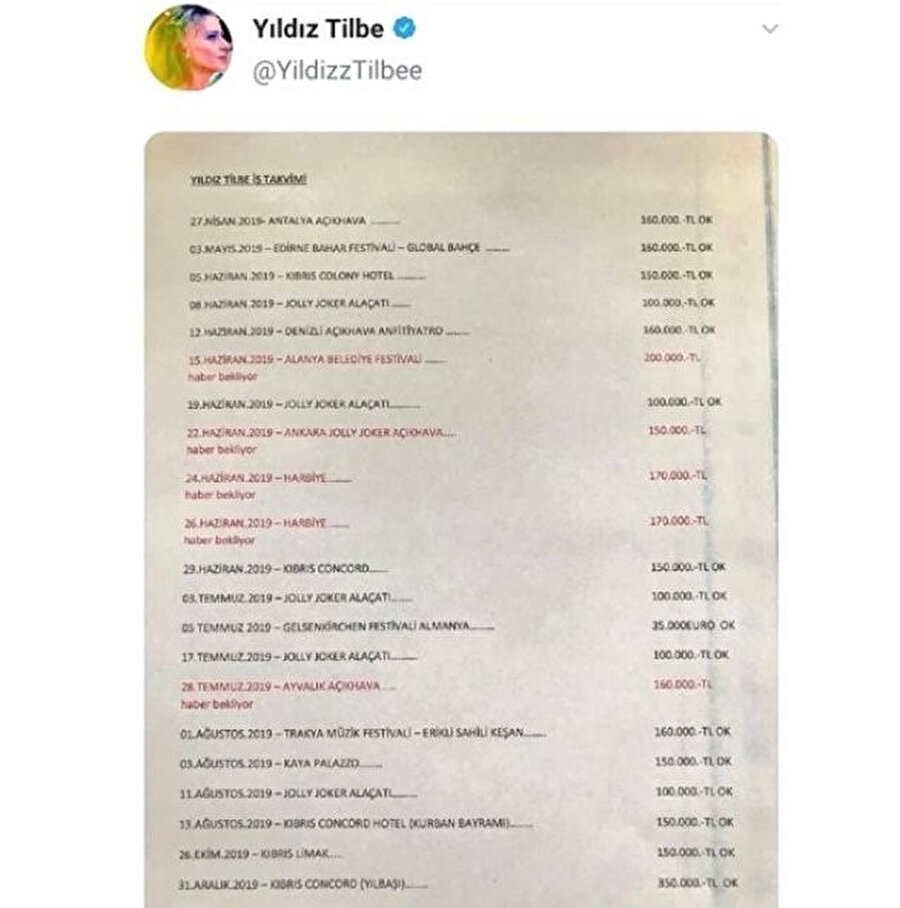 Yıldız Tilbe'nin 8 ay boyunca düzenleyeceği konserlerden alacağı ücretlerin yer aldığı liste.