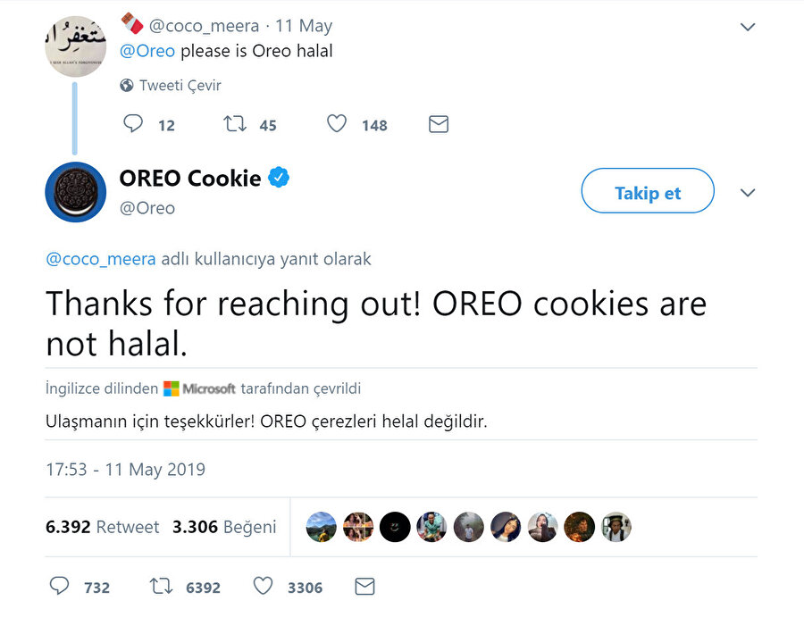 Oreo yetkilileri bisküvilerinin helal olmadığını, Twitter üzerinden duyurdu.