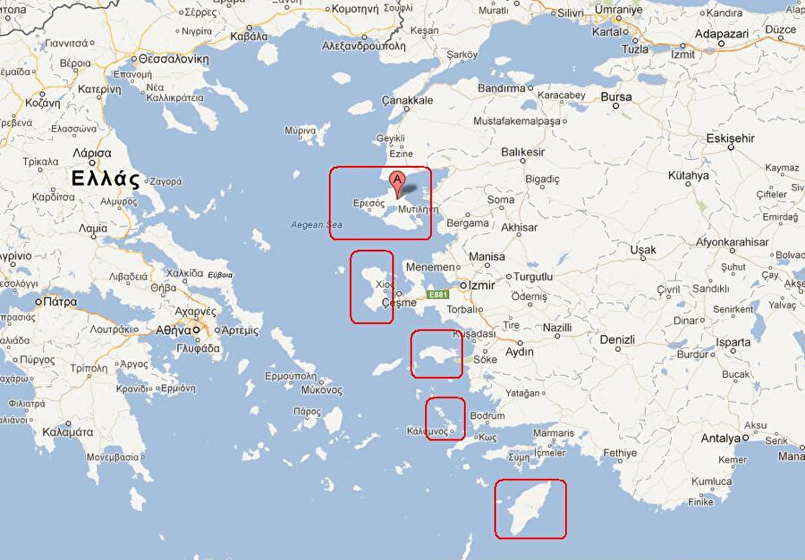 Yunanistan'ın uluslararası hukuka aykırı olarak silahlandırdığı bazı adalar. 