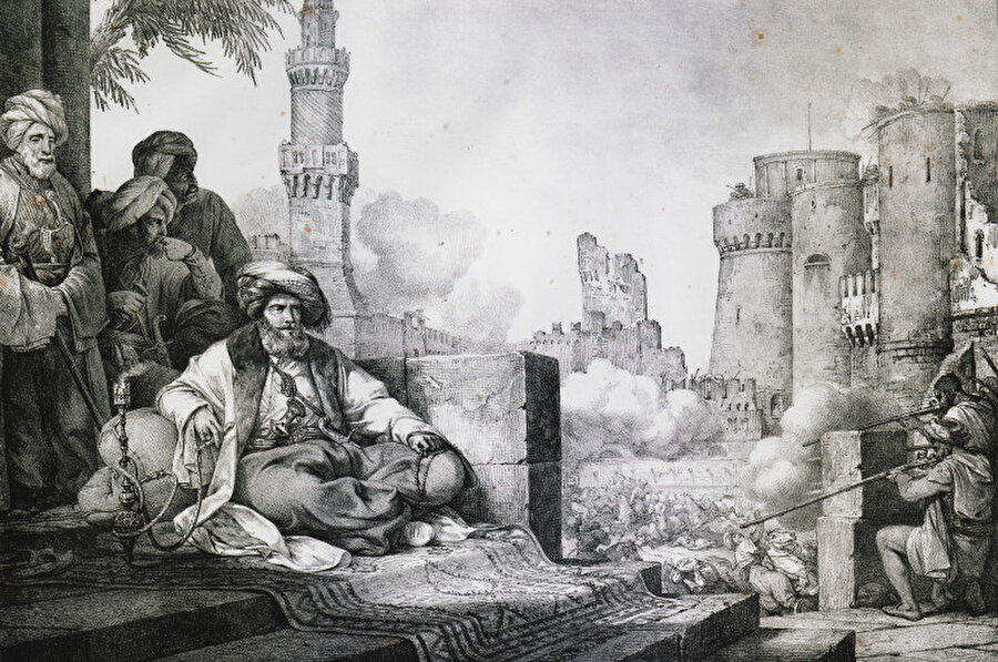 Kaledeki Memlük katlini gösteren bir temsil. Önde ise elindeki nargilesiyle Mehmed Ali Paşa görülüyor.