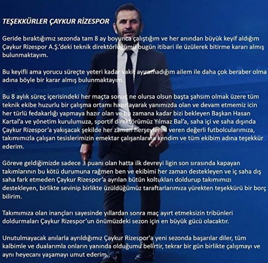 Okan Buruk'un Çaykur Rizespor'a veda ettiği mesaj.