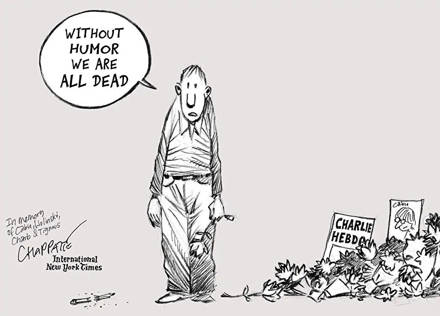 Görevine son verilen Chappatte'nin, internet sayfasından yaptığı açıklamanın altına eklediği karikatür dikkat çekti. Karikatürün altına "8 Ocak 2015'te Charlie Hebdo saldırılarından sonra NYT web sitesinin ilk sayfasında yayınlanan karikatür" notu düşüldü. Charlie Hebdo saldırısında ölen karikatüristlerin hatırlatıldığı çizimde "Mizah olmazsa hepimiz ölmüş sayılırız" ifadesi yer aldı.