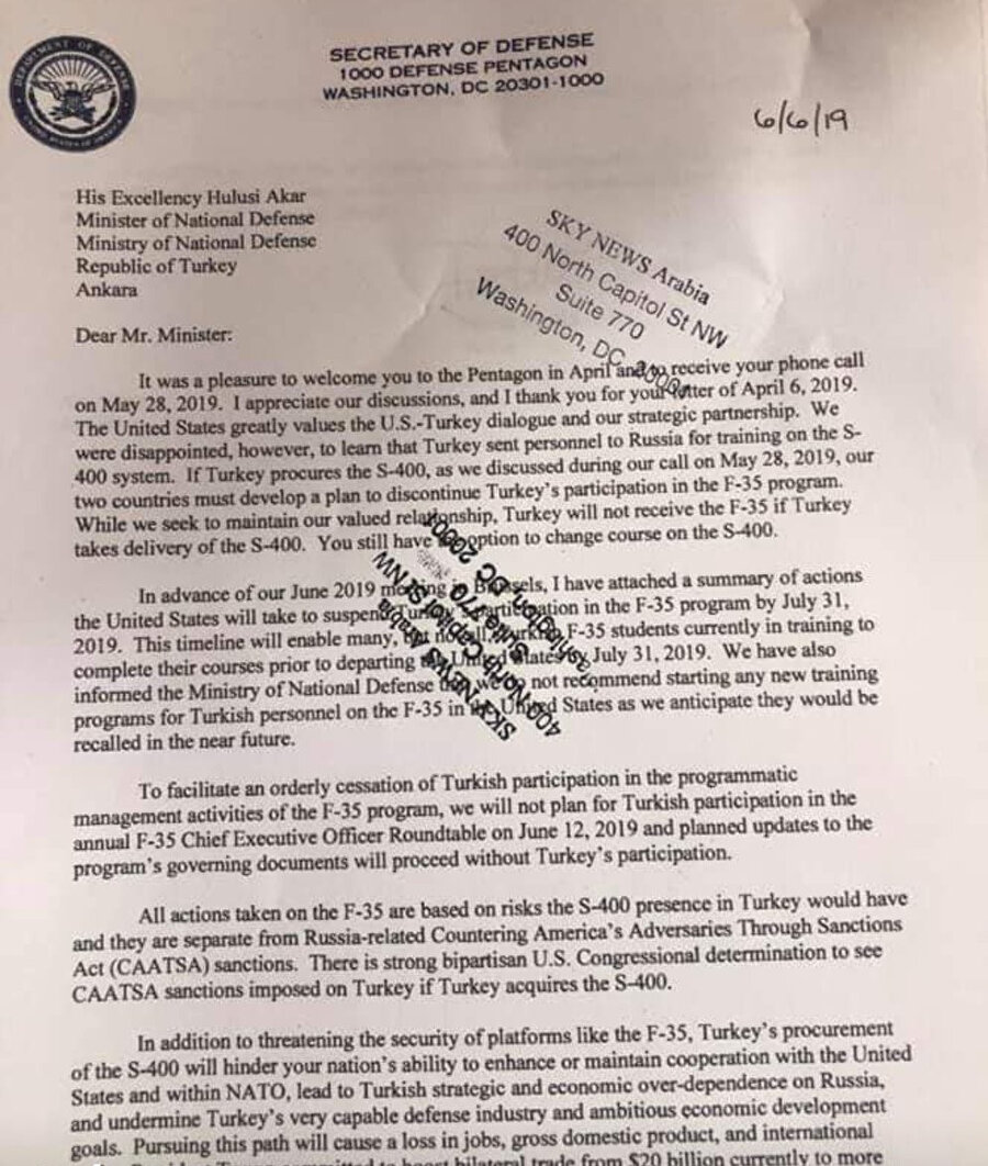 ABD Savunma Bakan Vekili Patrick Shanahan'ın Hulusi Akar'a gönderdiği resmi mektup kasten basına sızdırıldı.