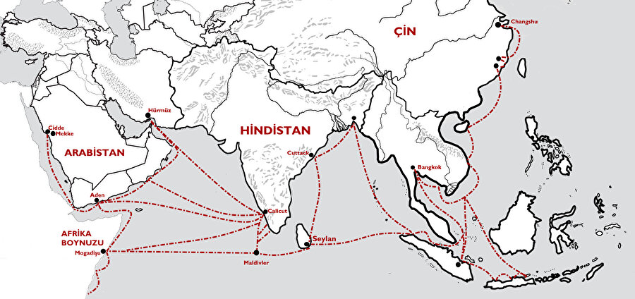 Zheng He'nin seyahat rotası.