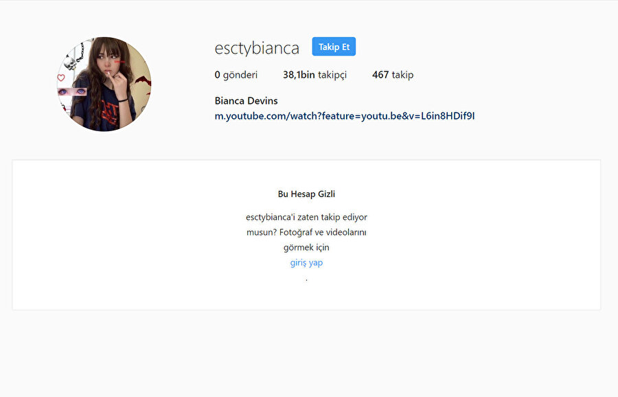 Bianca Devins'in Instagram hesabı şu an için gizlenmiş durumda. 