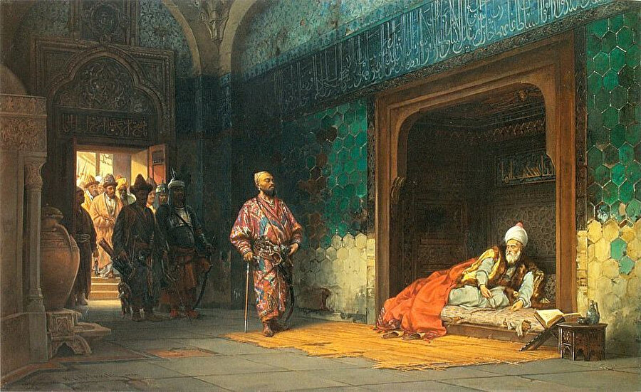 Timur tarafından hapsedilen I. Bayezid. Çizeri: Stanisław Chlebowski, 1878. 