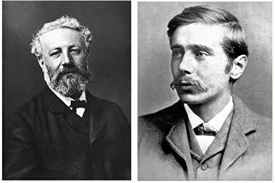 Beyatlı'nın kıyasladığı yazarlar Jules Verne (solda) ve H. G. Wells (sağda).