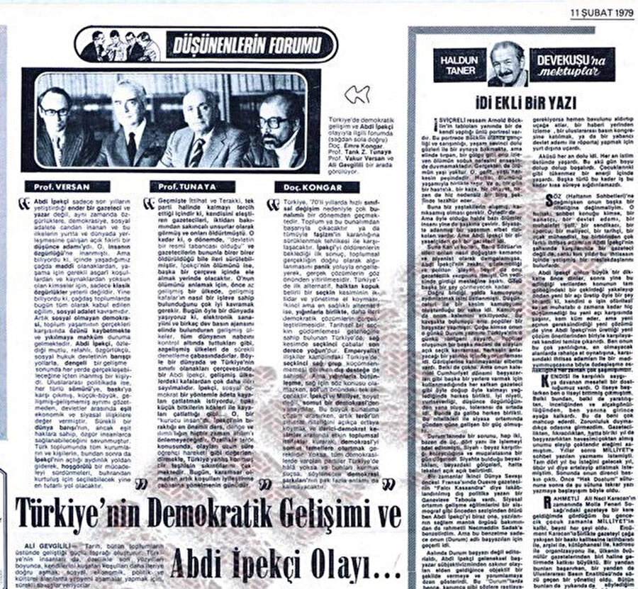 Milliyet gazetesinde yayımlanan 11 Şubat 1979 tarihli ''Düşünenlerin Forumu'' köşesi.