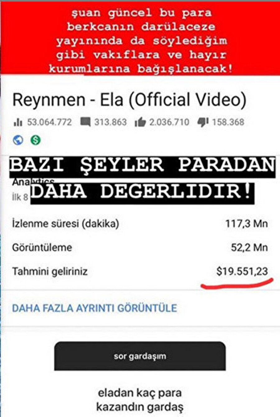 Reynmen, ne kadar kazandığını gelir tablosu ile açıkladı.