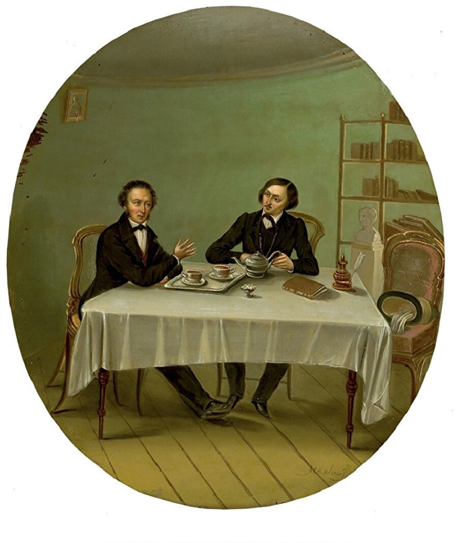  Puşkin ve Gogol. Nikolai Alekseev'e ait bir tablo.