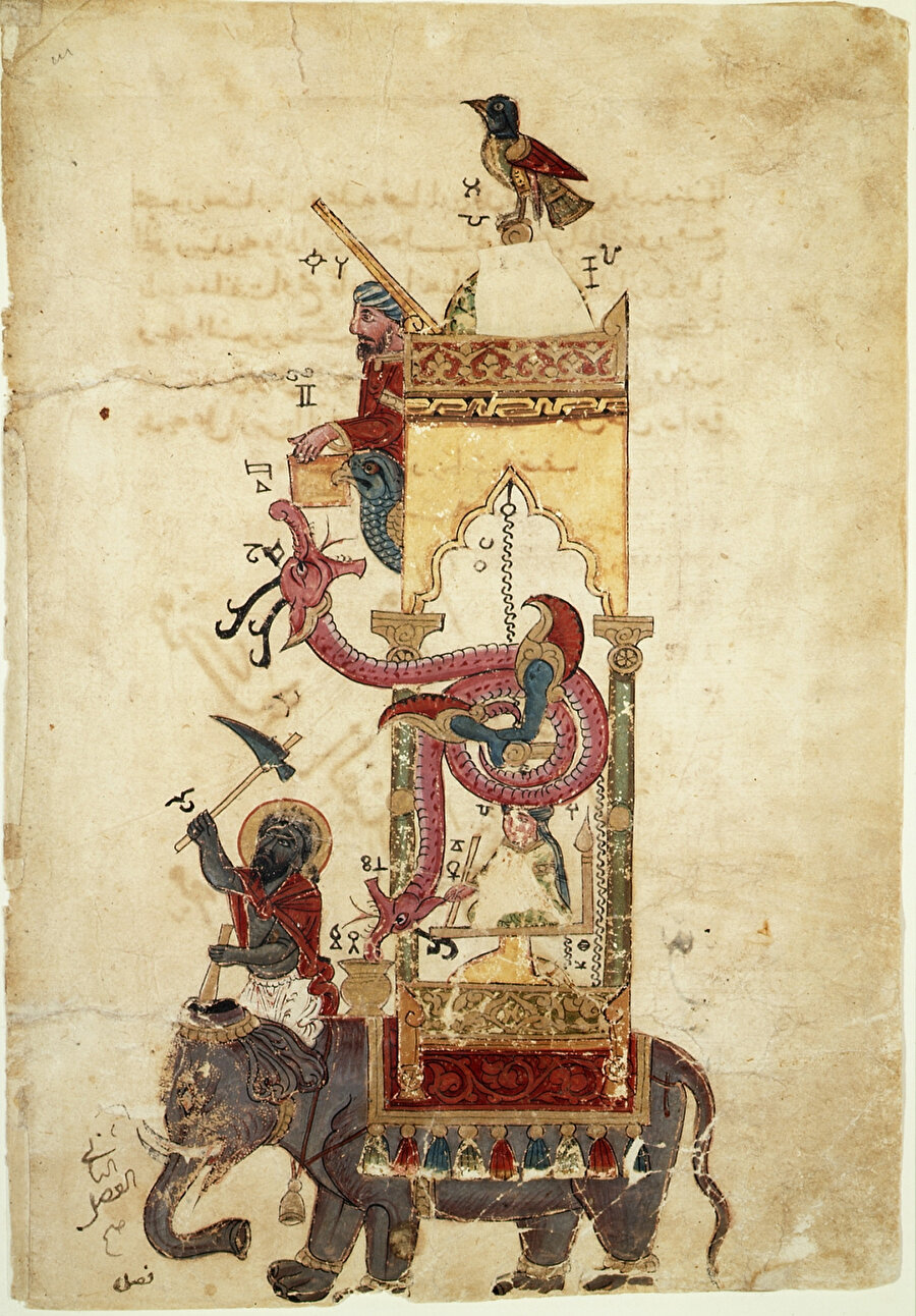 Cezeri'nin "Kitab-ül Hiyel"indeki Filli Su Saati’nin orijinal çizimi.