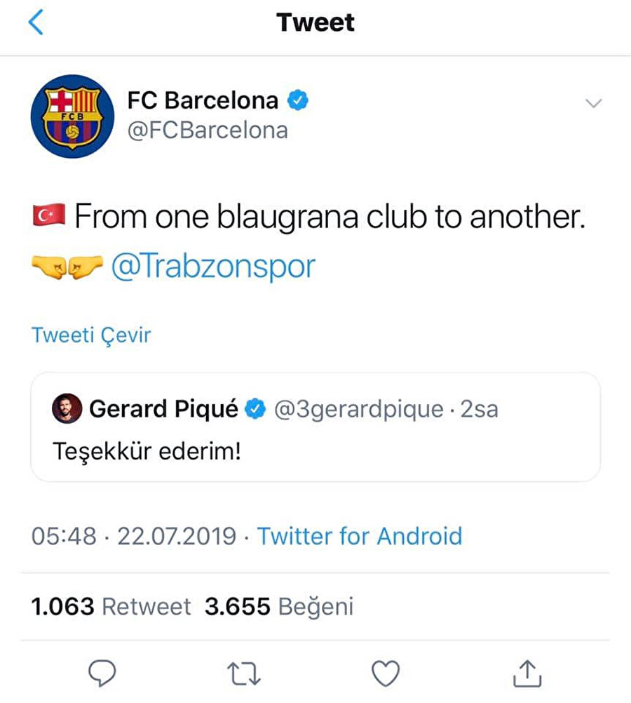Twitter, dünya genelinde 'büyük' ve 'güçlü' köprüler kurabiliyor. Trabzonspor'un efsanevi forma tanıtımına Barcelona'nın yıldızı Pique'nin cevabı da bu duruma iyi bir örnek konumunda. 