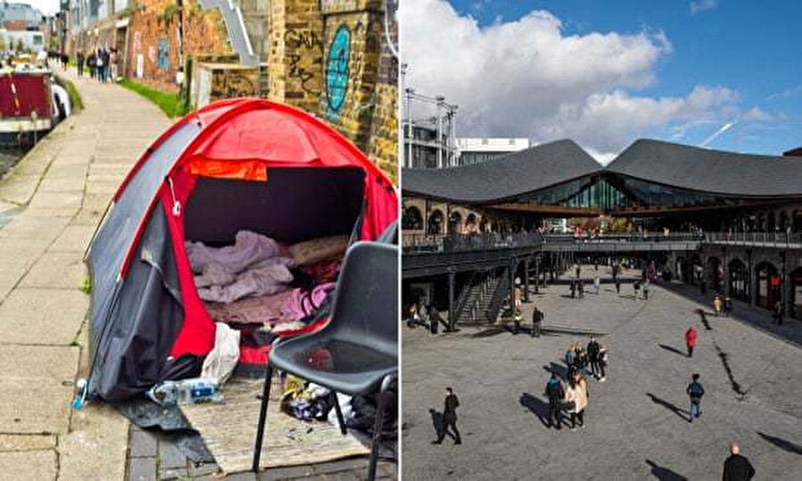  Londra'daki Regent Kanalı'ndaki bir evsizin çadırı ve çadırın hemen aşağısındaki Coal Drops Yard alışveriş merkezi