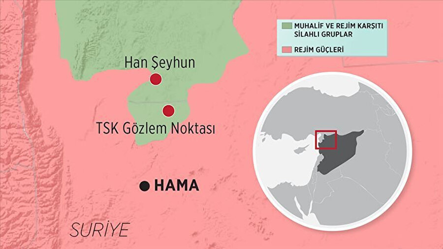 Haritada Esed rejimi ve muhaliflerin kontrol ettikleri bölgeler gösteriliyor.