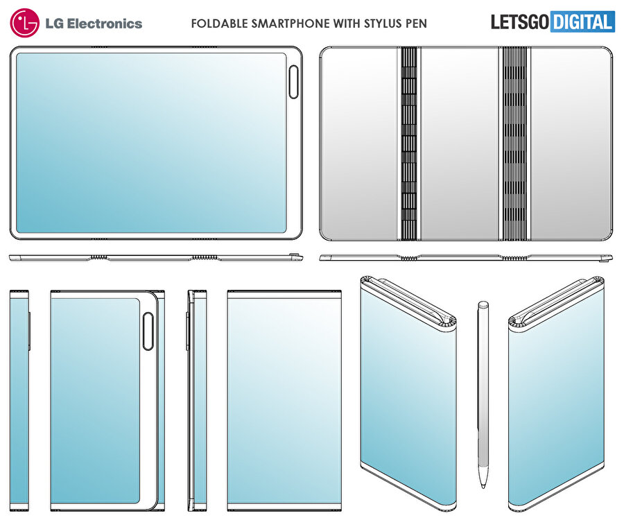 LG'nin aldığı patent üzerine tasarım haline getirilen telefon aslında çift katlamalı sistemde bir de kalem barındırıyor. Üstelik arka tarafta da alt alta dizilen üç kamera görülebiliyor. 