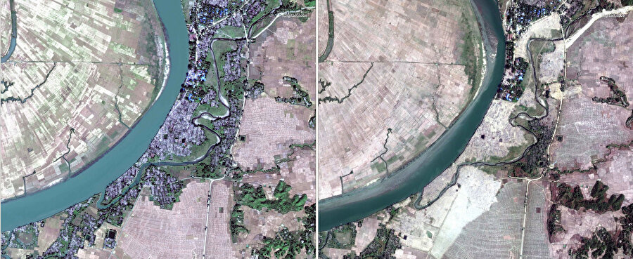 Myar Zin köyünün 2 ay arayla çekilen uydu fotoğraflarında; solda, 2 ay önceki fotoğrafta yerleşim yerleri görülürken, sağda tüm evlerin ortadan kaldırıldığı görülüyor.