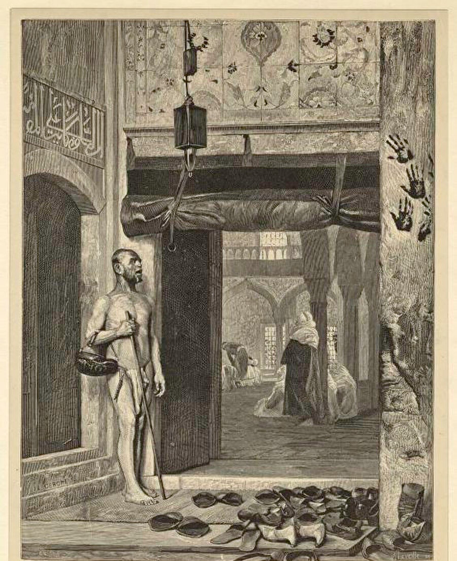 Caminin kapısında bekleyen Mağribi Kalenderî dervişi. (1881, Gérôme, Jean Léon, NYPL Dijital koleksiyonu )
