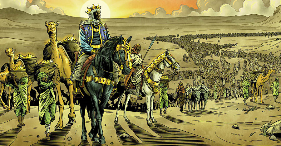 Mensa Musa'nın Hac yolculuğunda altınları taşıyan köleler. 