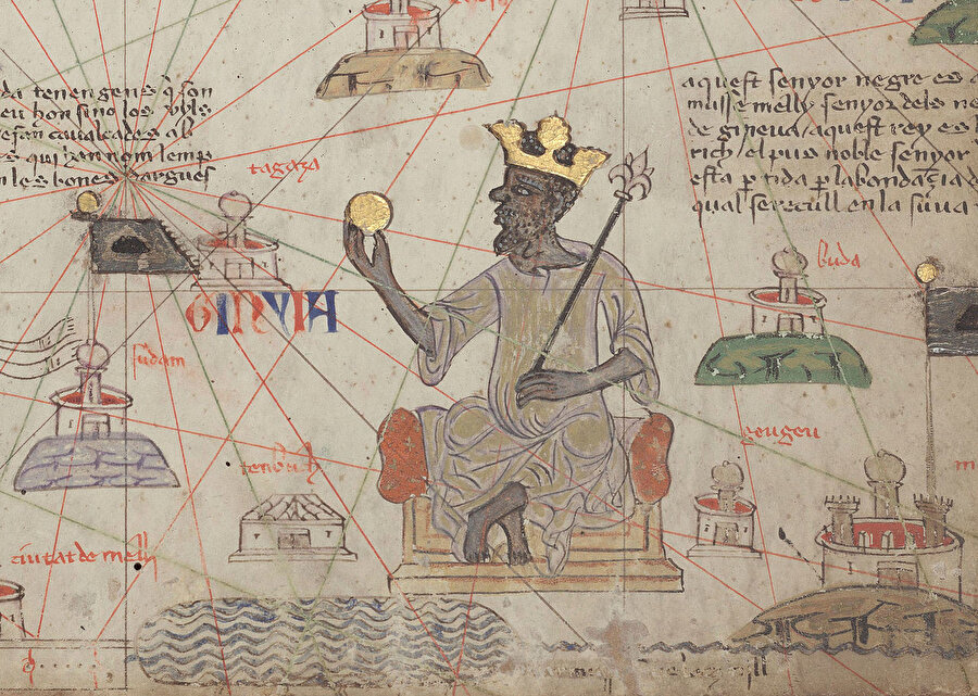 Mensa Musa, 1375 tarihli Afrika ve Avrupa haritasında bir altın külçeyi elinde tutarken görülüyor.