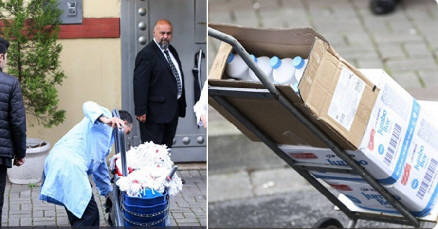 Cinayetten sonra Türk ve Suudi Arabistan'dan adli tıp ekiplerinin konsoloslukta inceleme yapacağının kesinleşmesinin ardından binaya delilleri yok etmede kullanılabilecek temizlik malzemelerinin taşındığı kameralara yansımıştı.
