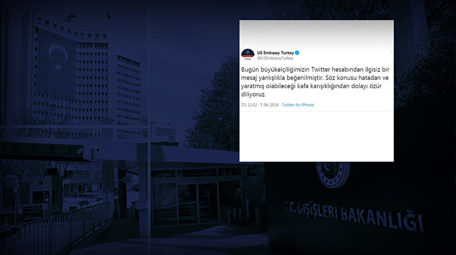 ABD'nin Ankara Büyükelçiliği, büyükelçiliğin Twitter hesabından Fetullahçı Terör Örgütü (FETÖ) firarisi Ergun Babahan'ın paylaşımının yanlışlıkla beğenildiğini belirterek özür diledi.