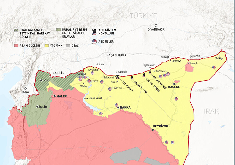 Türkiye ve Suriye sınırını gösteren harita.