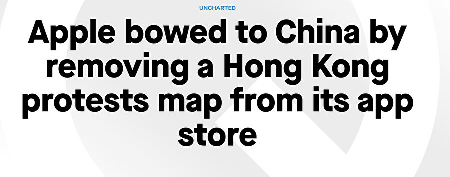 Quartz'ın web sitesinde kullanıcıları karşılayan yazı: 'Apple, Hong Kong protestolarını göstermeyerek Çin'e boyun eğdi!' 