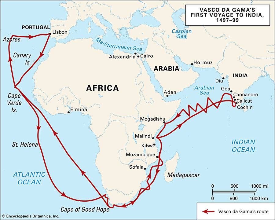  1497 – 99 yılları arasında Vasco Da Gama’ nın Afrika kıtasında izlediği rota.