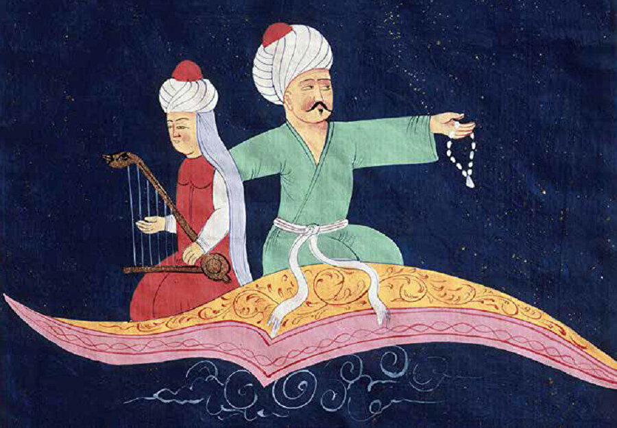 19. yüzyıla ait bir 1001 Gece Masalları nüshasından alınmış, sihirli bir halıyla İstanbul’un üstünde uçan bir çifti resmeden minyatür.
