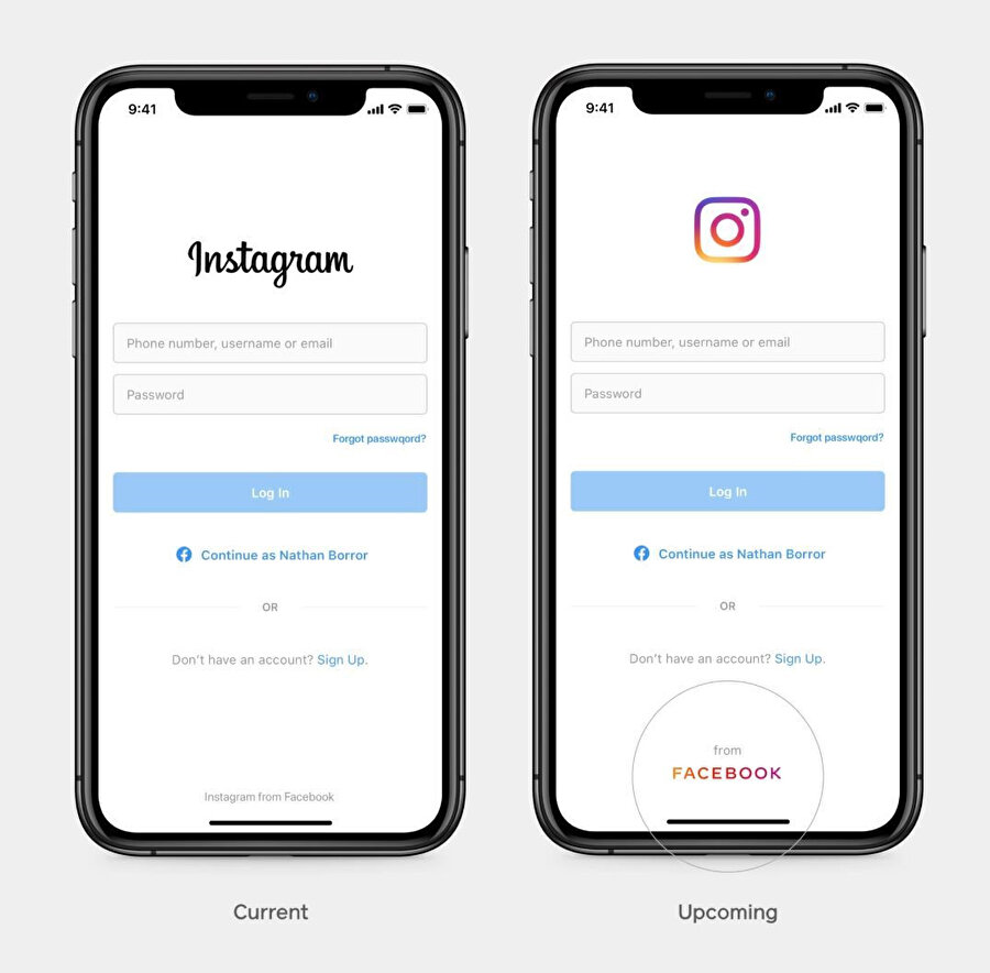 Facebook, Instagram uygulamasına girişte alt kısma şirket ünvanı ve yeni logoyu yerleştiriyor. 