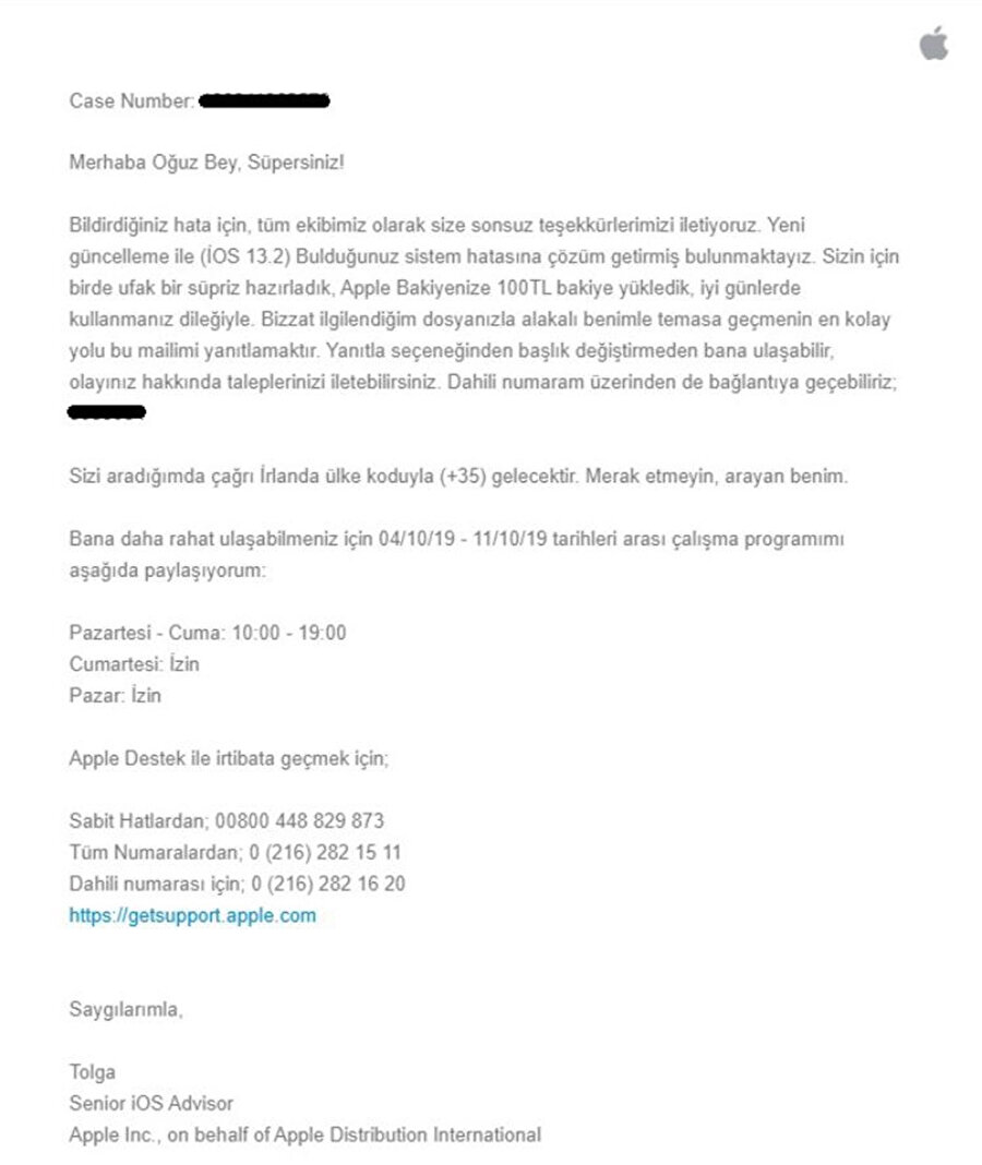 Açığı bildirmesinin ardından Apple'dan gelen mail- DHA