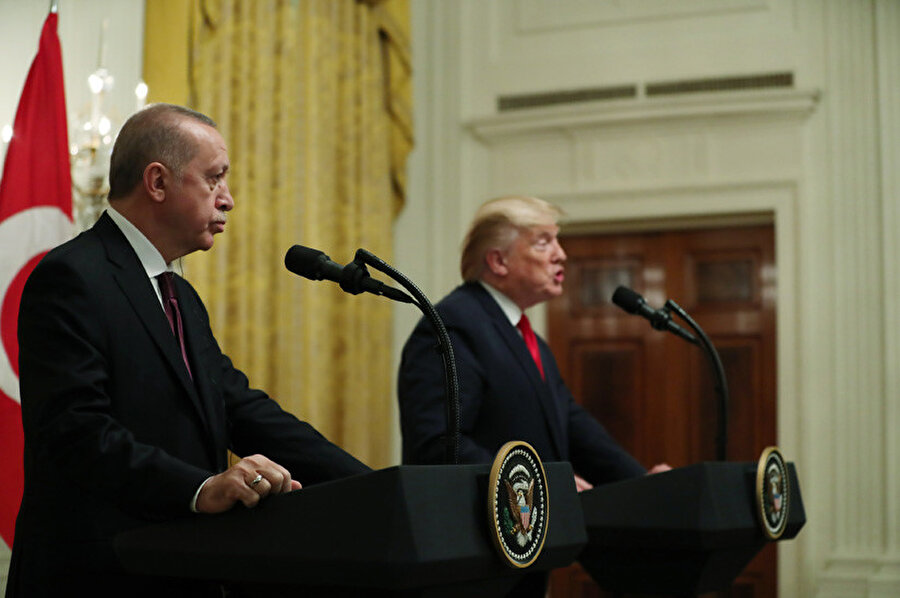 Cumhurbaşkanı Recep Tayyip Erdoğan, ABD ziyaretinin aardından Donald Trump ile ortak basın toplantısında konuşuyor. -DHA