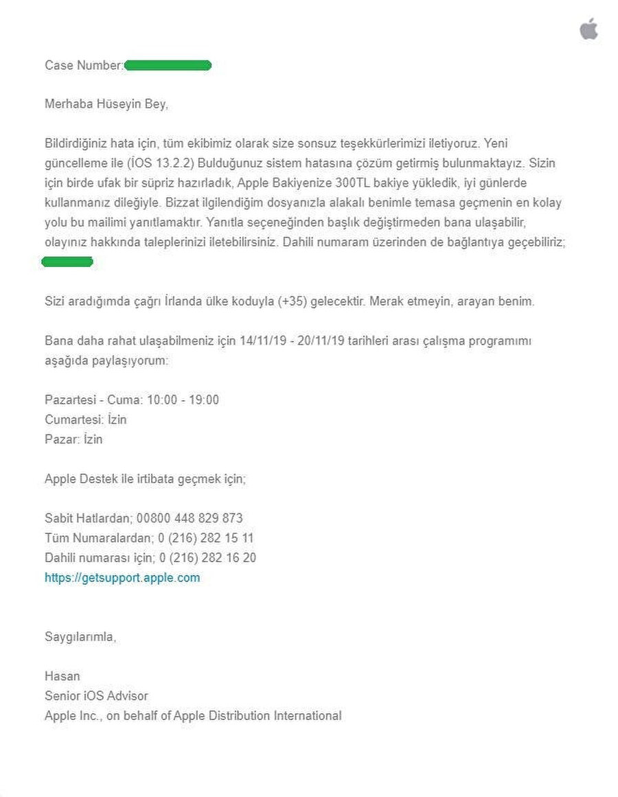 19 yaşındaki Hüseyin Çoban'a Apple tarafından gönderilen mailin görüntüsü