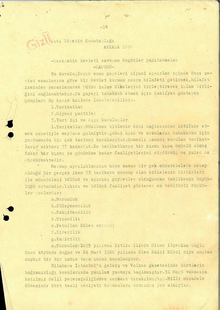 “Teokratik Devleti Savunan Örgütler Yapılanmalar Raporu” 1972 yılında Sıkıyönetim Komutanlığı'nca hazırlanmıştır...