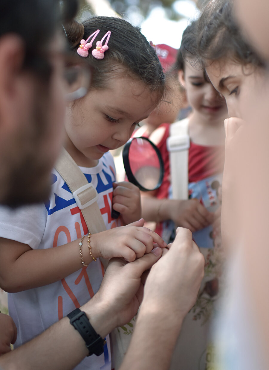 Orman Kaşifleri ellerinde büyüteçle doğayı inceliyorlar.